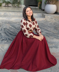 Red flowered printed shirt with Skirt