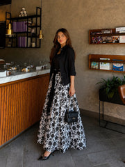 Black Top with Italian Black leafe textured Skirt- 2 Pcs
