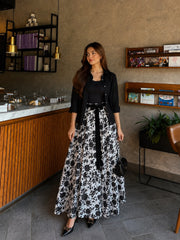 Black Top with Italian Black leafe textured Skirt- 2 Pcs