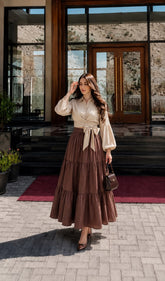 Beige Collar shirt with Brown skirt- 2 Pcs