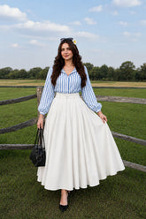 Blue & White lining button down shirt with White skirt - 2 Pcs