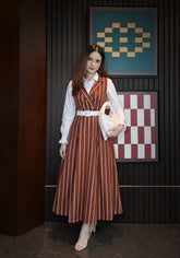 Brown & White lining Frock with button down shirt - 2 Pcs