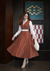 Brown & White lining Frock with button down shirt - 2 Pcs