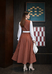 Brown & White lining Frock with button down shirt - 2 Pcs