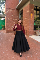 Maroon button down shirt with skirt-2 Pcs