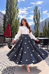 Denim Embroidered Flowered skirt with Casual shirt - 2 Pcs