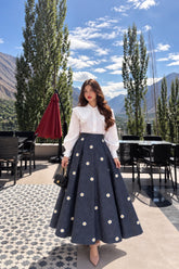 Denim Embroidered Flowered skirt with Casual shirt - 2 Pcs