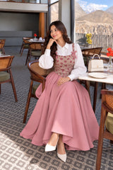 Pink Flowered textured Corset with Shirt & Skirt- 3 Pcs