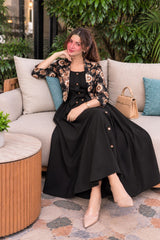 Golden Floral Coati with Black long frock- 2 PCs