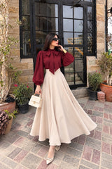 Blood red tie style shirt with Beige skirt- 2 Pcs