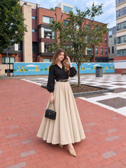 Black Button down Shirt with Beige Skirt - 2 Pcs