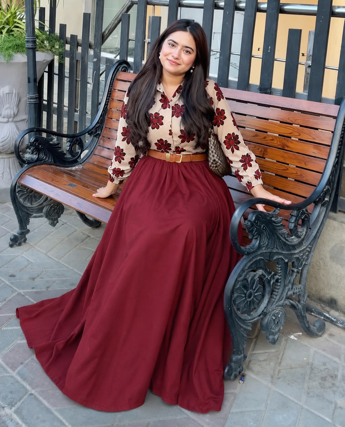Red flowered printed shirt with Skirt