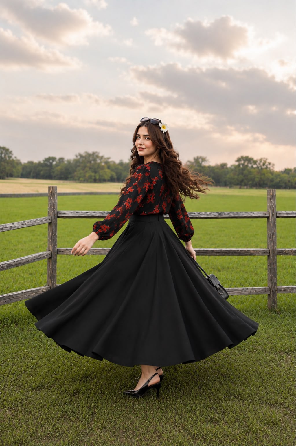 Red Black print flower top with skirt