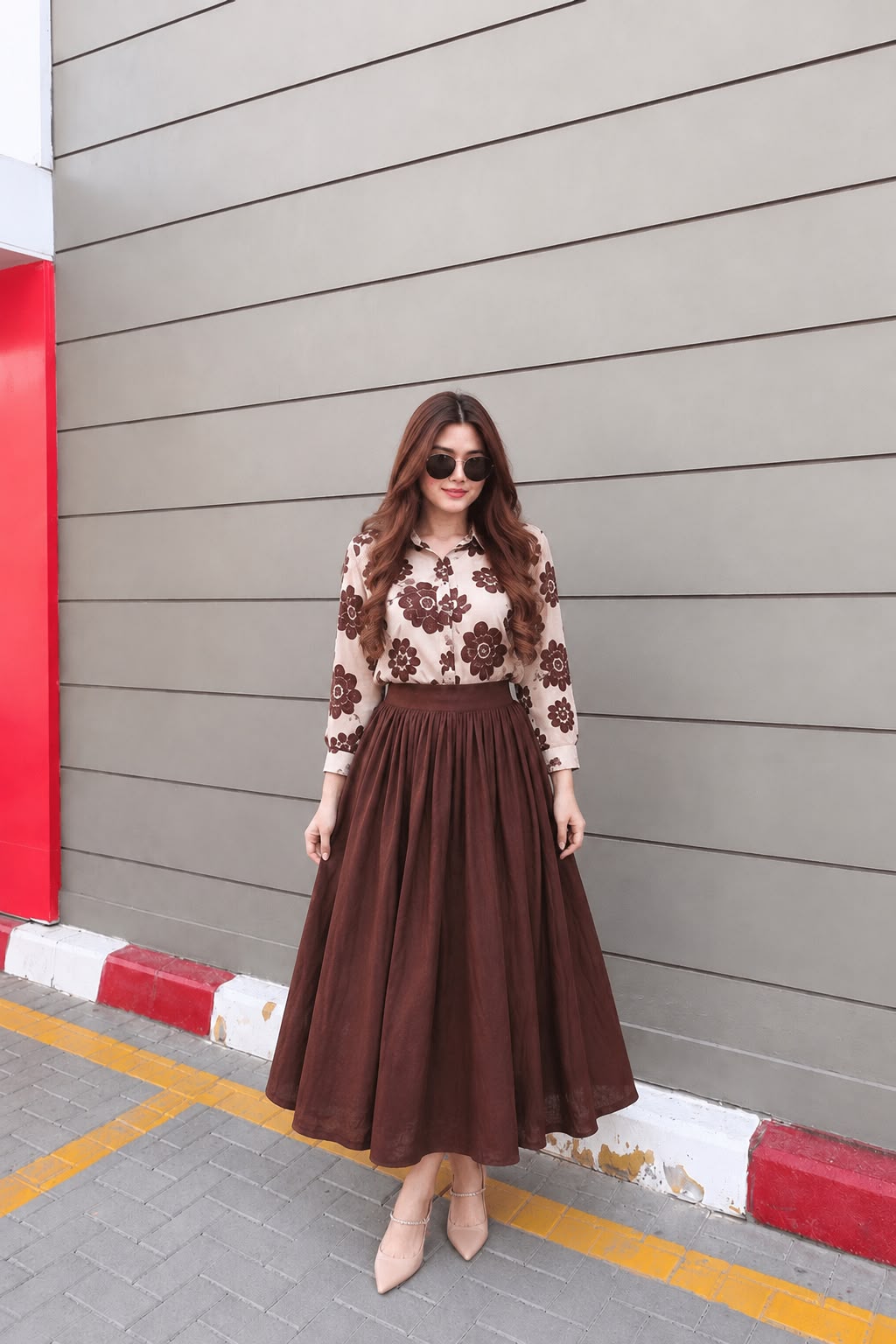 Brown flowered printed shirt with skirt