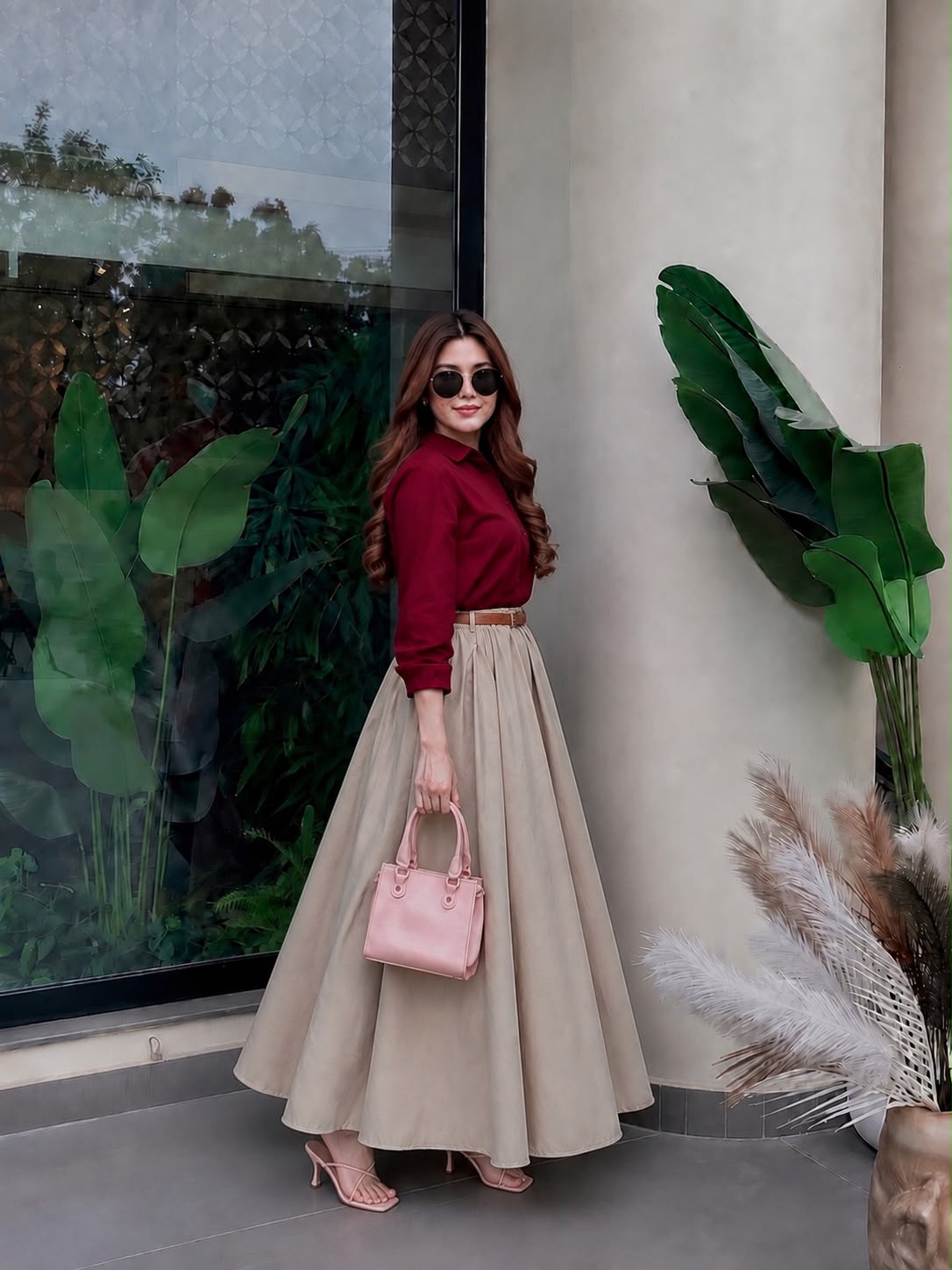 Blood red button down shirt with beige skirt