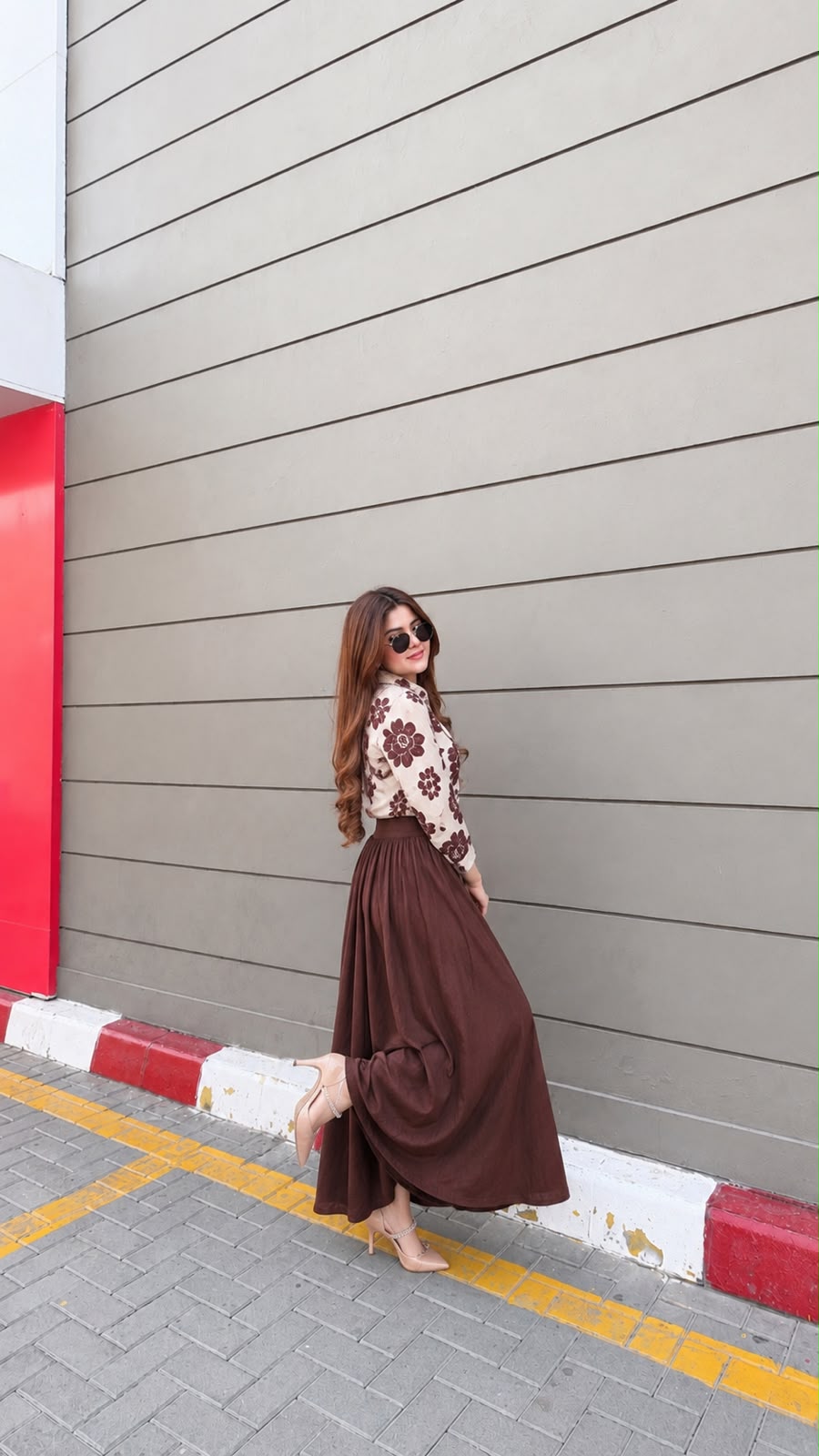 Brown flowered printed shirt with skirt