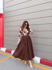 Brown flowered printed shirt with skirt