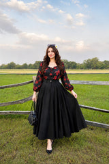 Red Black print flower top with skirt