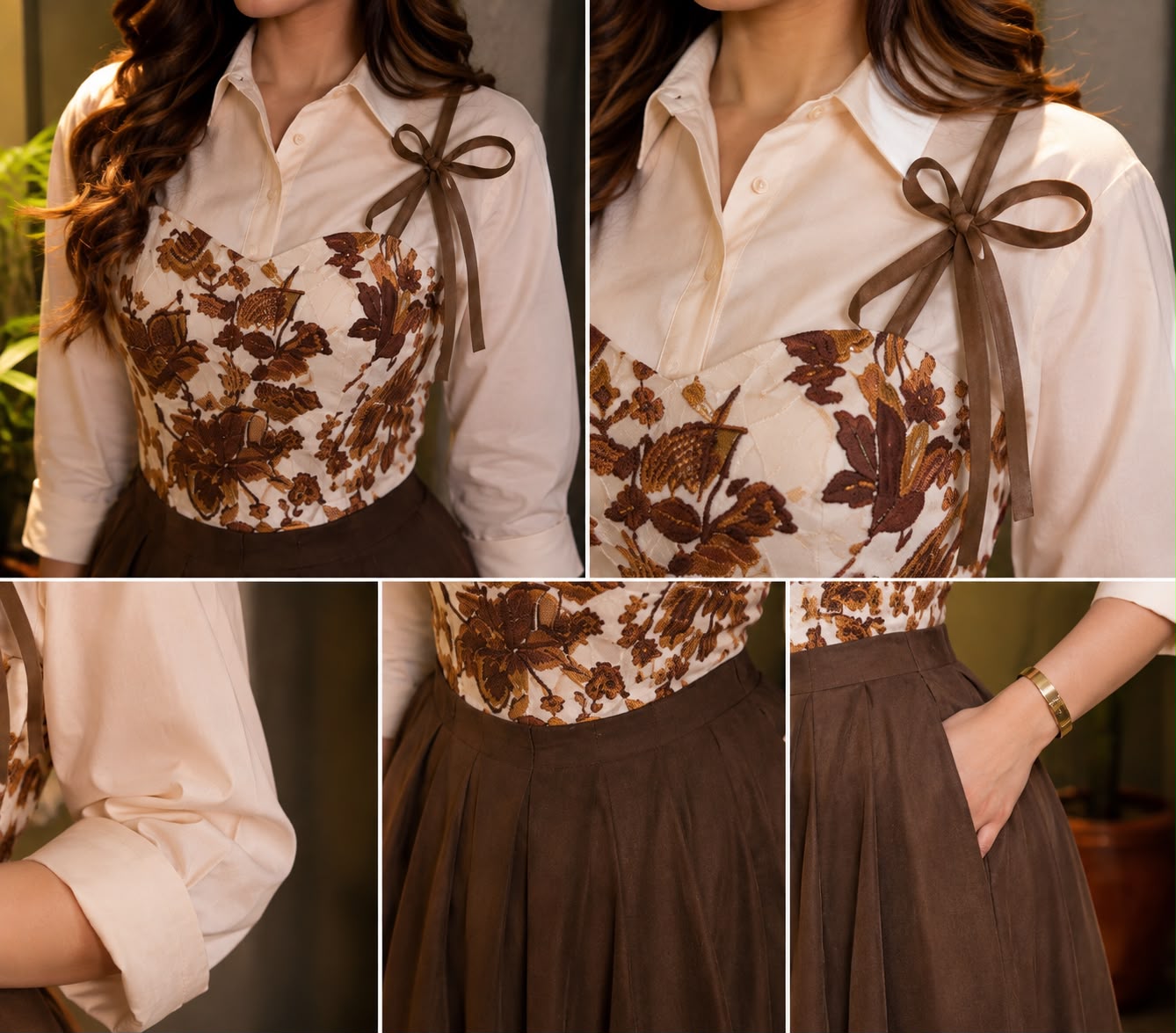 Brown Flowered textured premium corset - 3 Pcs