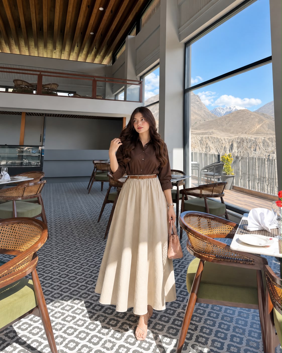 Brown Button Down shirt with Beige skirt- 2 Pcs