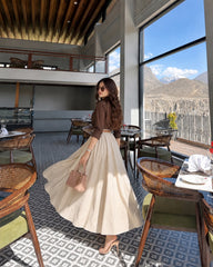 Brown Button Down shirt with Beige skirt- 2 Pcs