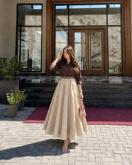 Brown Button Down shirt with Beige skirt- 2 Pcs