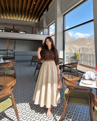 Brown Button Down shirt with Beige skirt- 2 Pcs