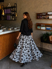 Black Top with Italian Black leafe textured Skirt- 2 Pcs