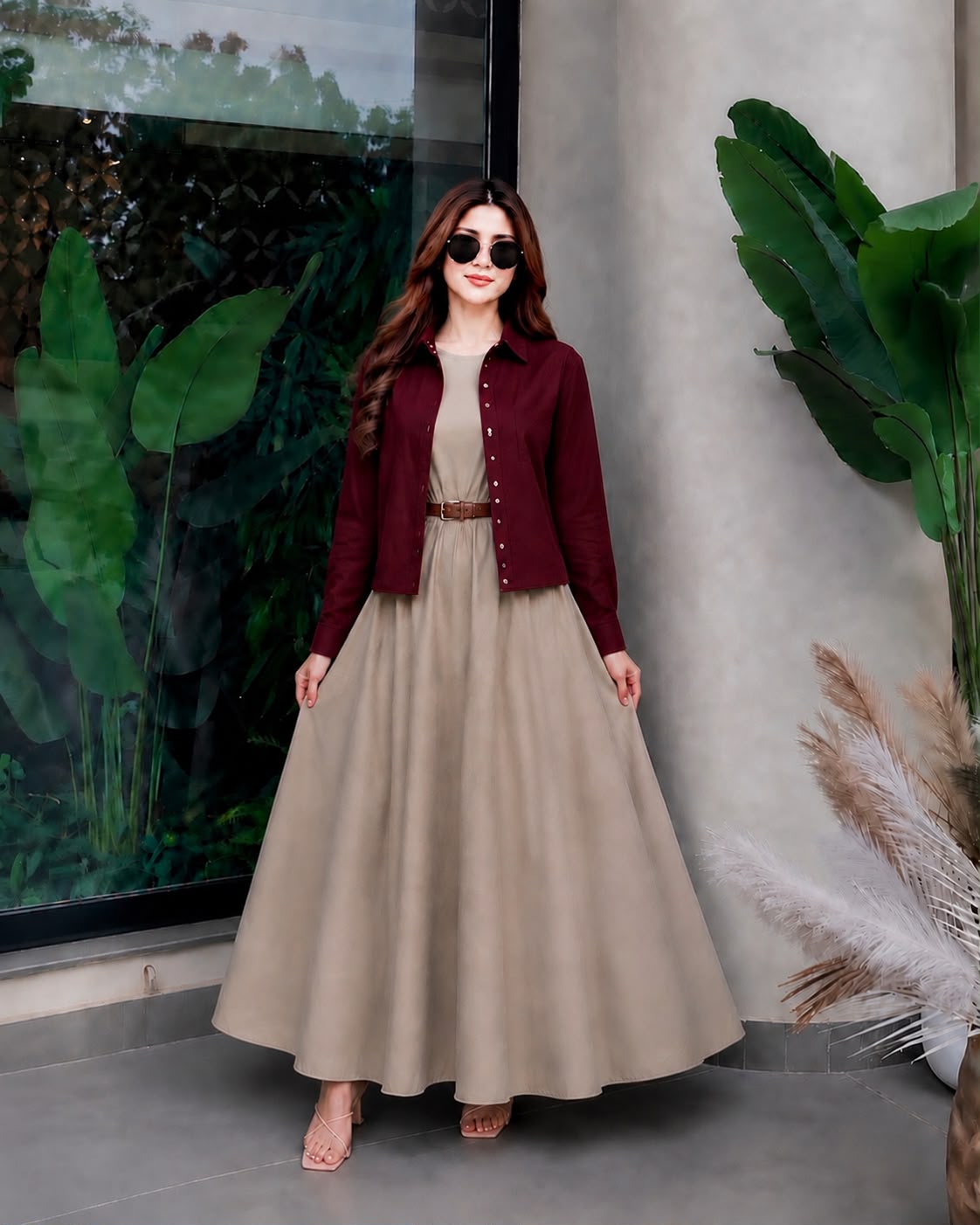 Maroon button down shirt with Beige frock- 2 Pcs