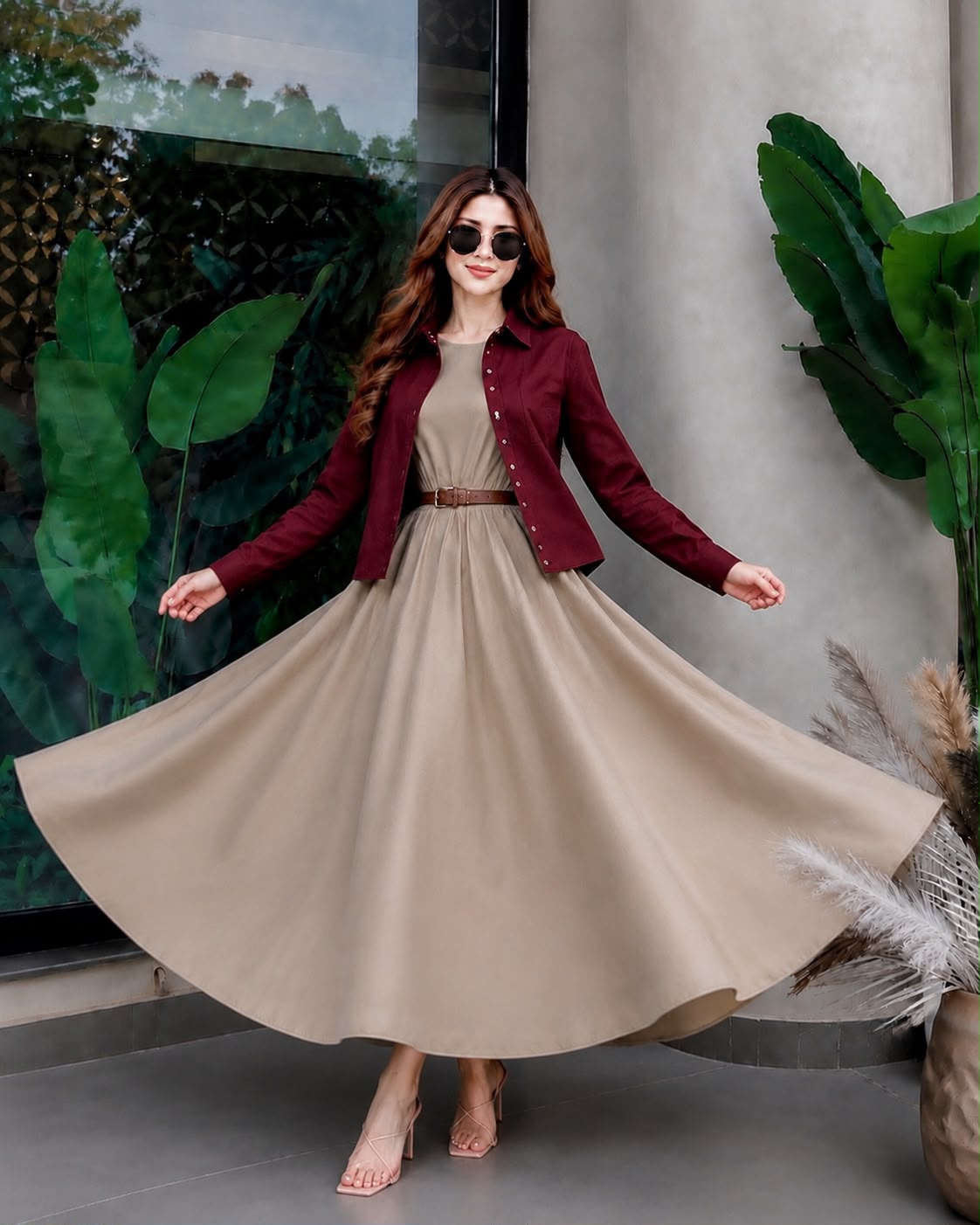 Maroon button down shirt with Beige frock- 2 Pcs