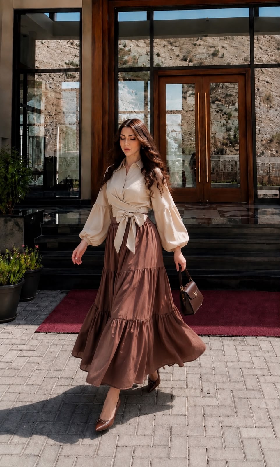 Beige Collar shirt with Brown skirt- 2 Pcs