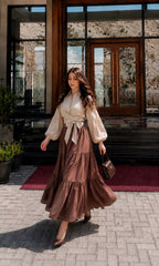 Beige Collar shirt with Brown skirt- 2 Pcs