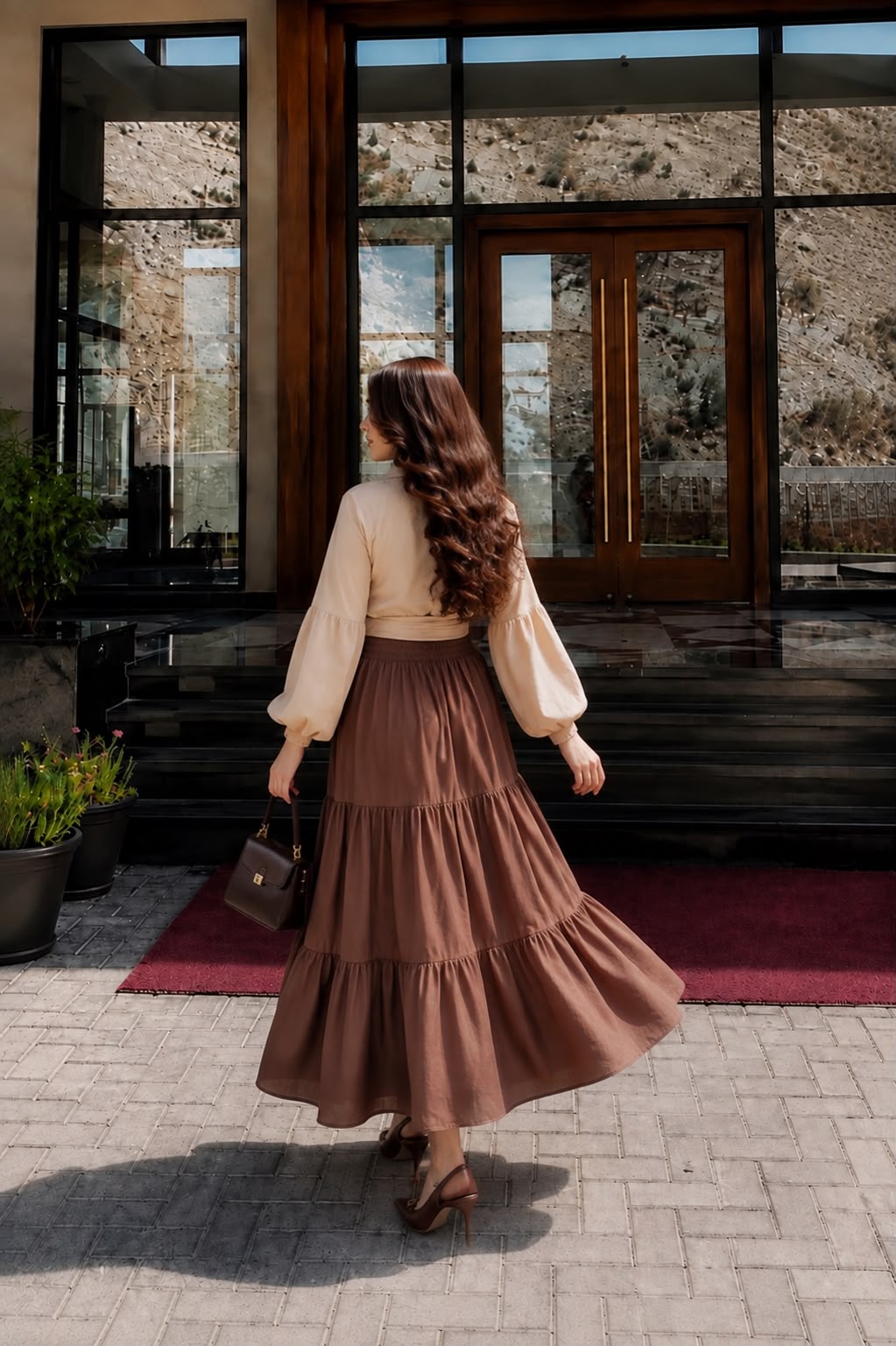Beige Collar shirt with Brown skirt- 2 Pcs