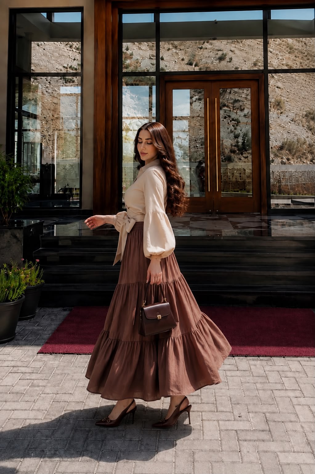 Beige Collar shirt with Brown skirt- 2 Pcs