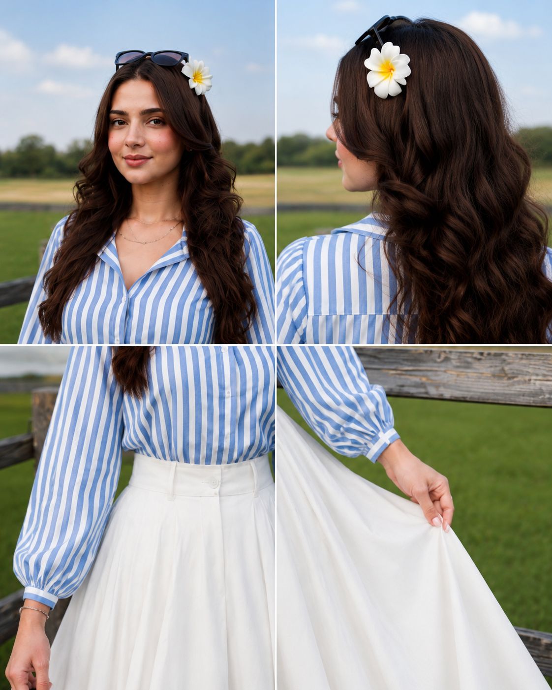 Blue & White lining button down shirt with White skirt - 2 Pcs