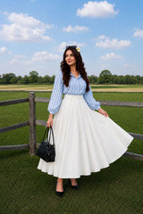 Blue & White lining button down shirt with White skirt - 2 Pcs
