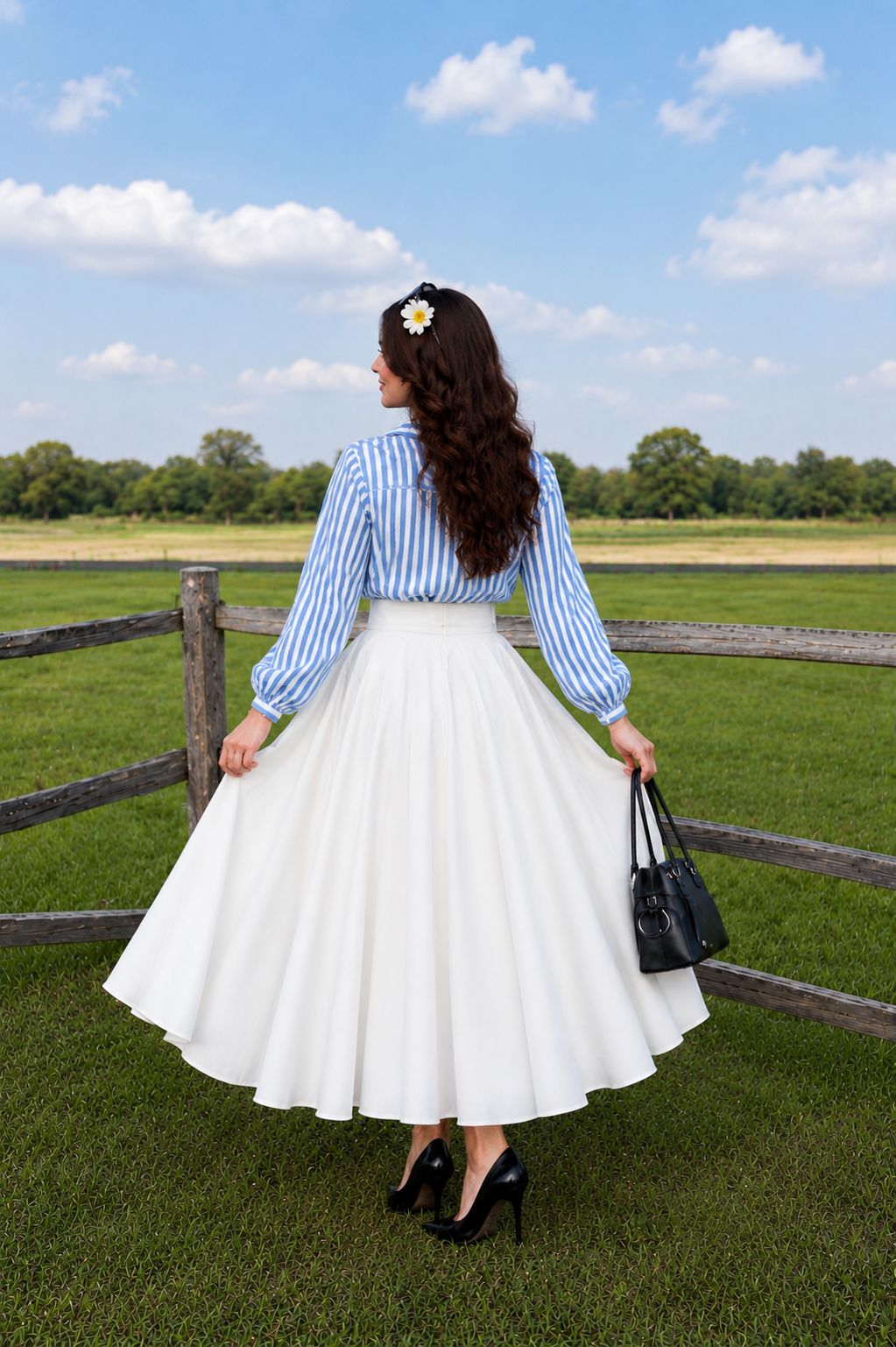 Blue & White lining button down shirt with White skirt - 2 Pcs