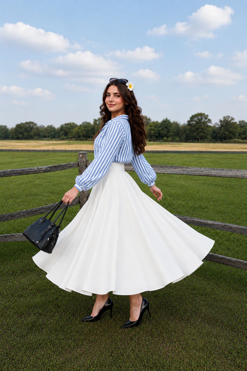Blue & White lining button down shirt with White skirt - 2 Pcs
