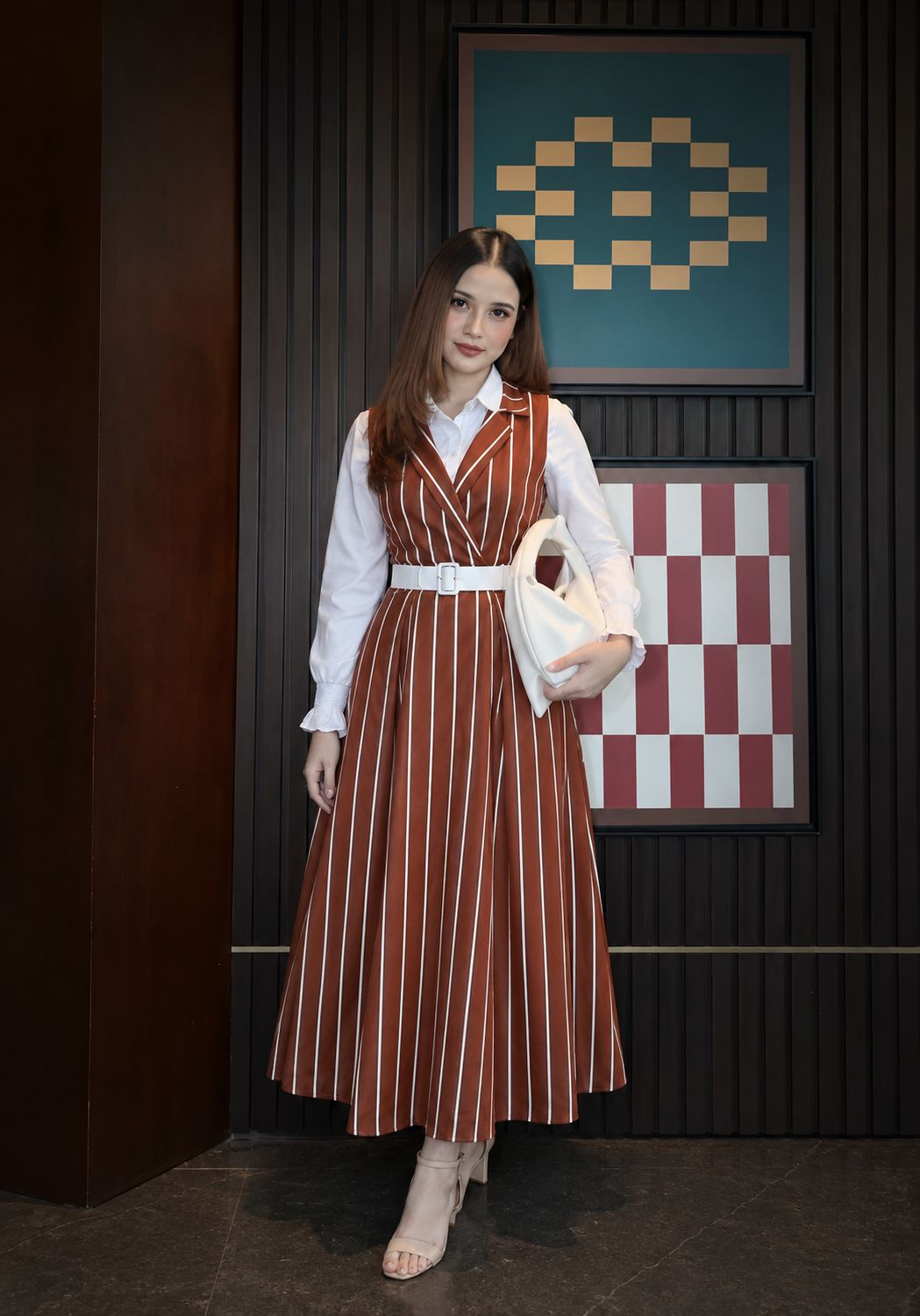 Brown & White lining Frock with button down shirt - 2 Pcs