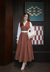Brown & White lining Frock with button down shirt - 2 Pcs