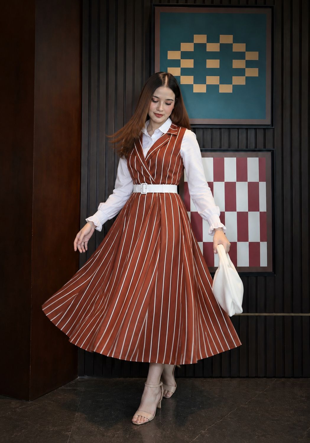 Brown & White lining Frock with button down shirt - 2 Pcs