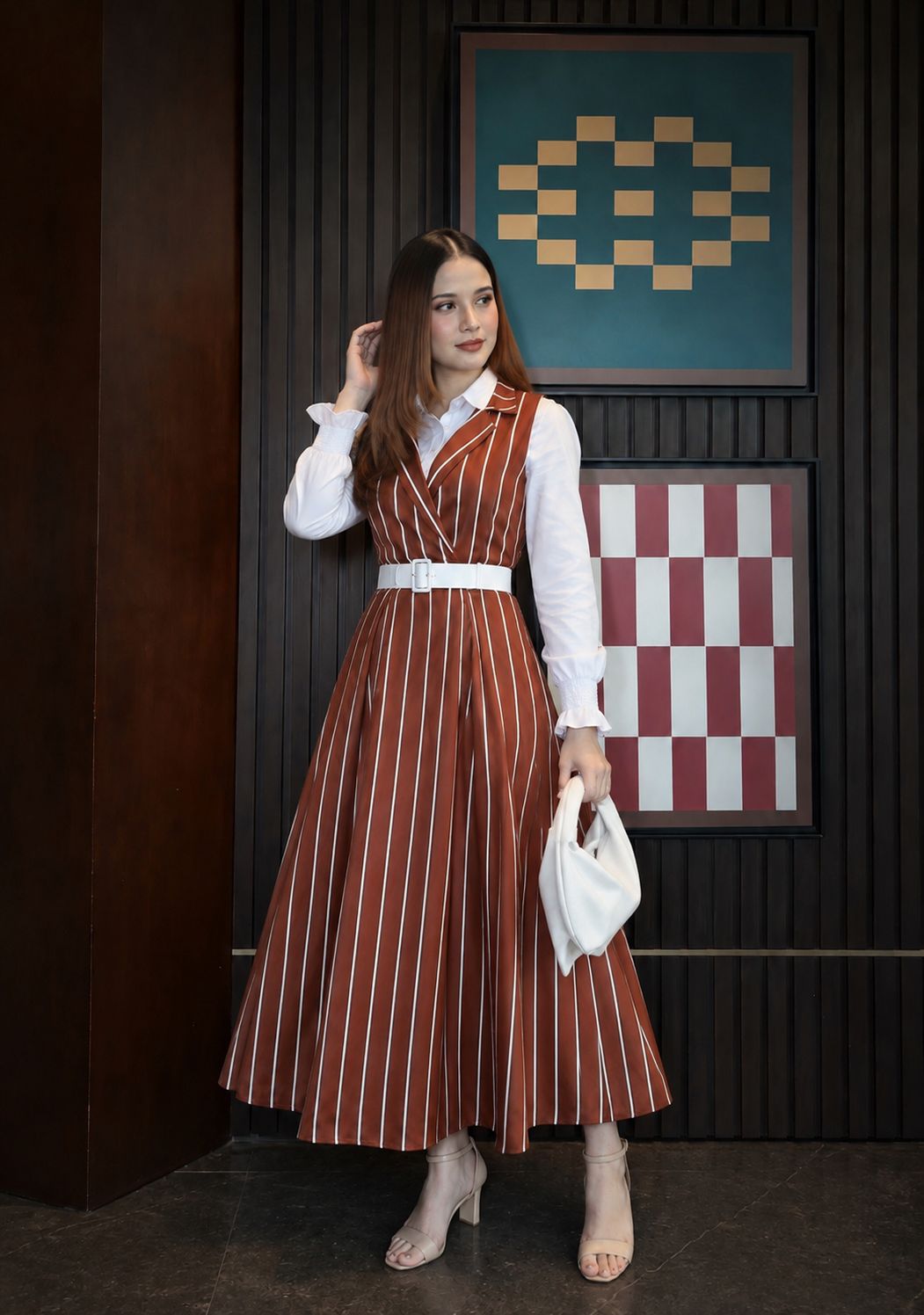 Brown & White lining Frock with button down shirt - 2 Pcs