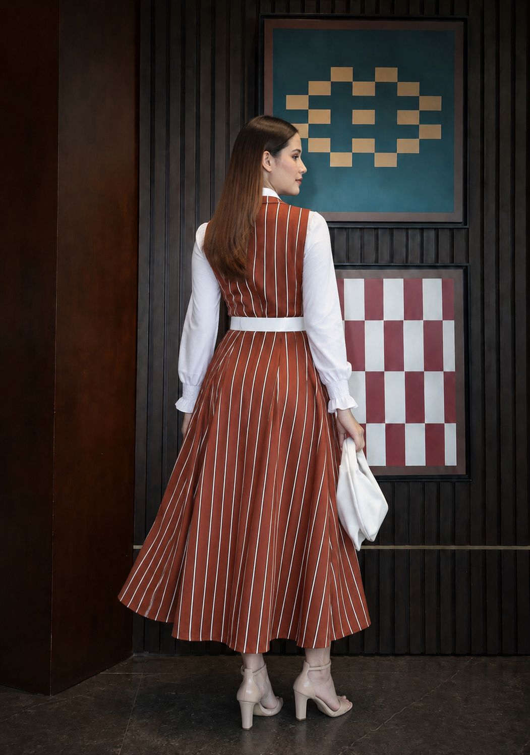 Brown & White lining Frock with button down shirt - 2 Pcs