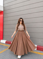 Brown check shirt with brown skirt- 2 Pcs