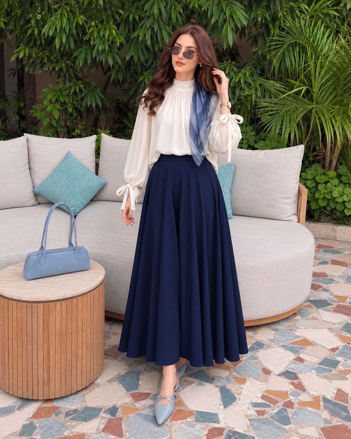 White top with nevi blue flair skirt- 2 Pcs