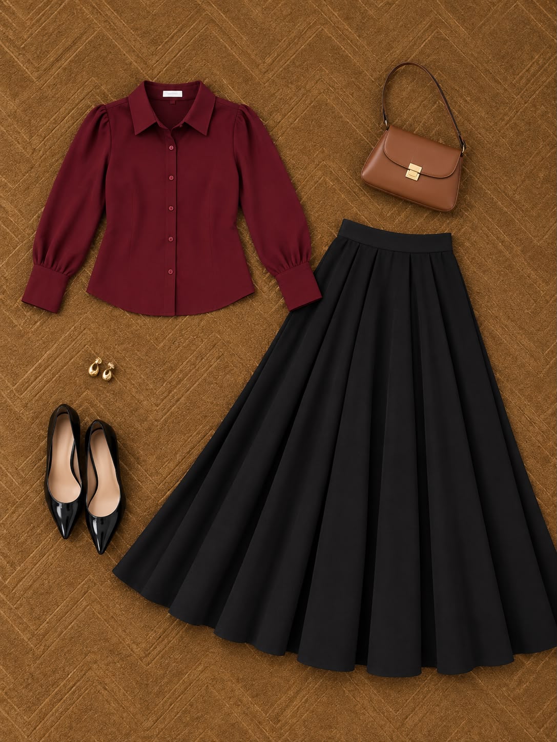 Maroon button down shirt with skirt-2 Pcs
