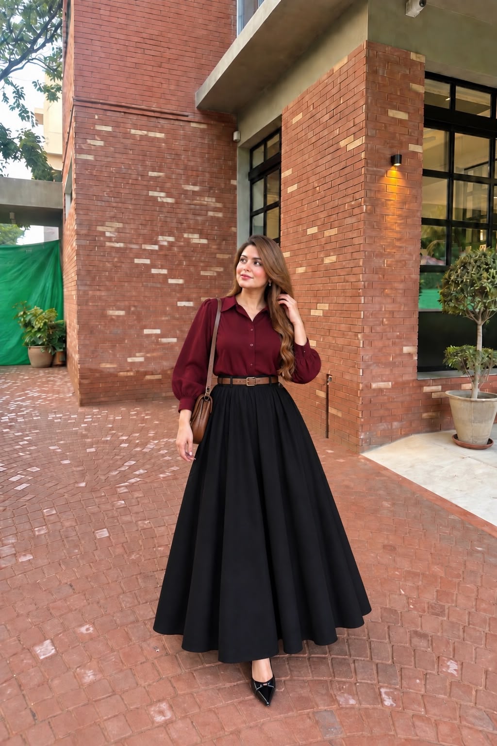 Maroon button down shirt with skirt-2 Pcs