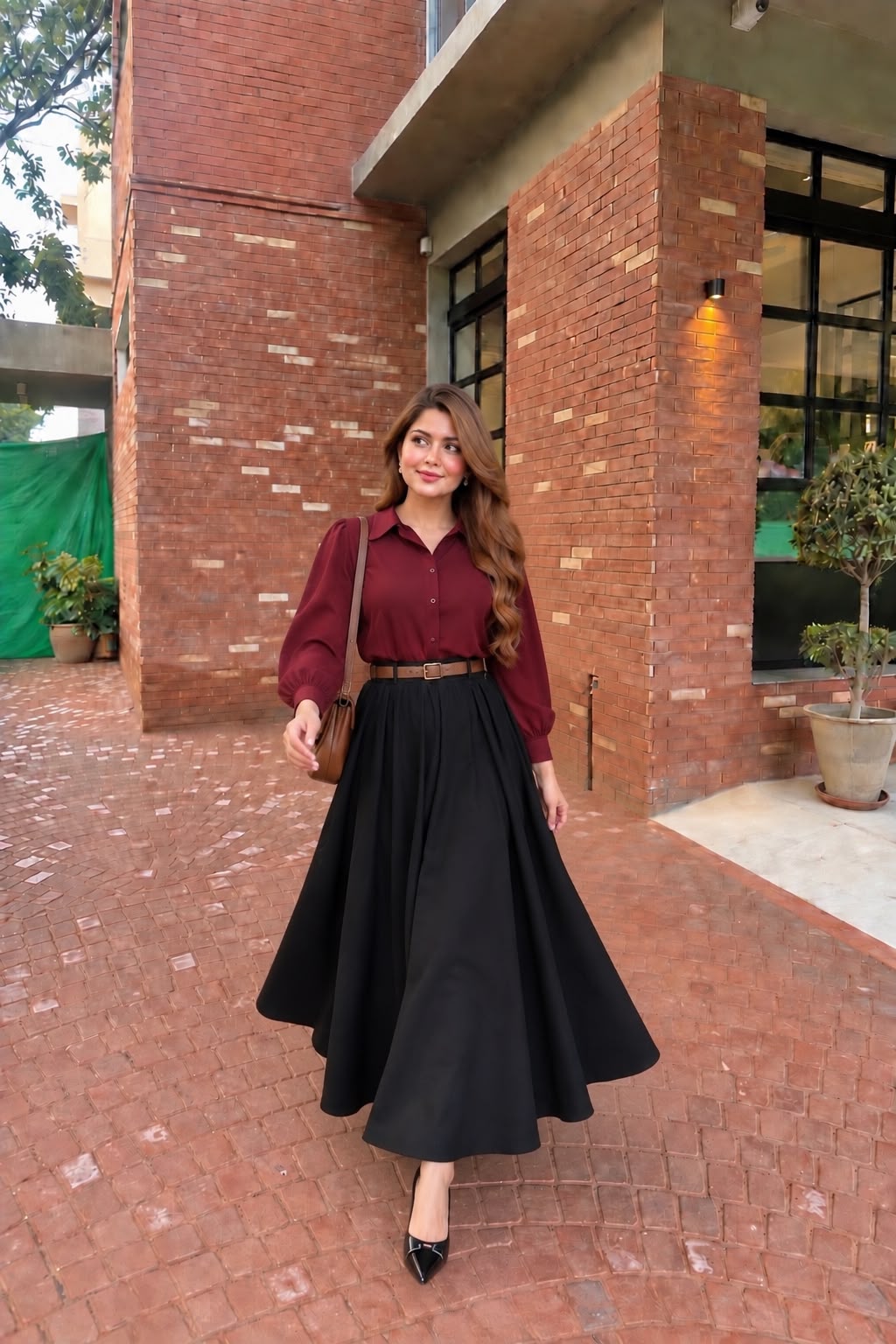 Maroon button down shirt with skirt-2 Pcs