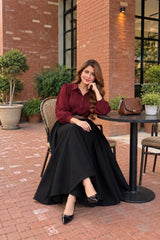 Maroon button down shirt with skirt-2 Pcs