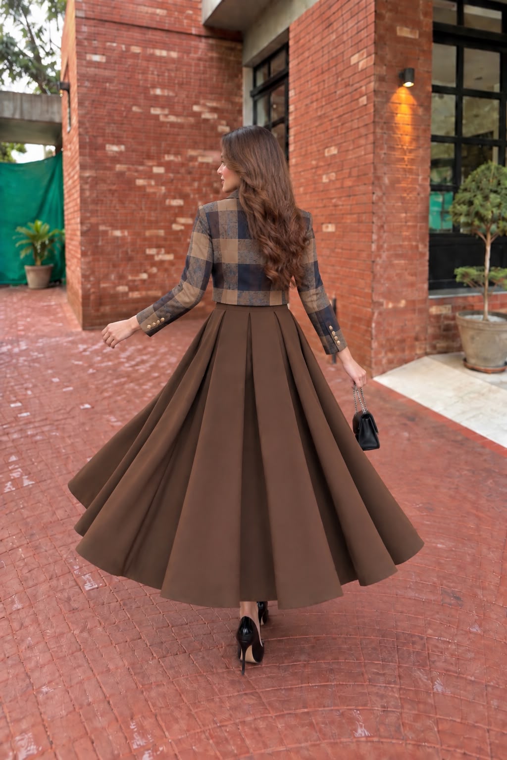 Brown Blue Box Platted Old Monday 2 Pcs suit